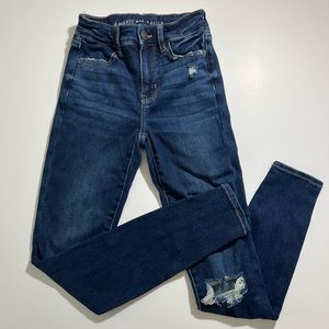 American Eagle Sz 0 Hi Rise Blue Distressed Dark Skinny Blue Jeans